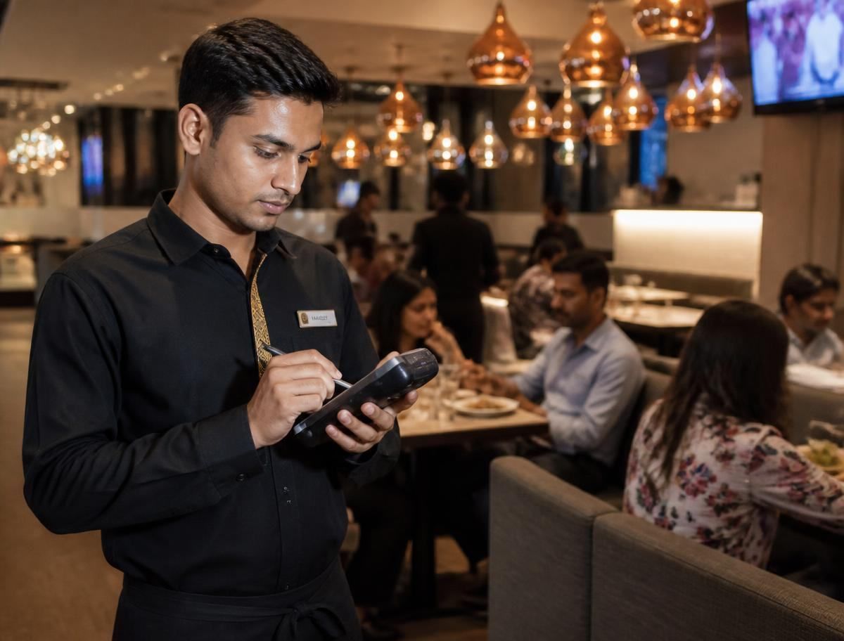Waiter taking a table order on a NexaTill handheld EPOS terminal in a restaurant dining room
