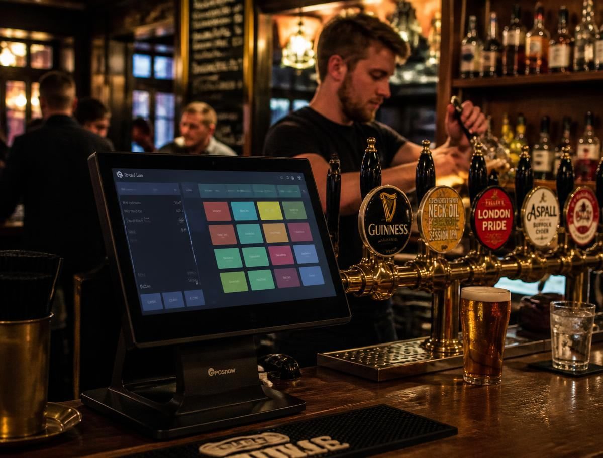 NexaTill touchscreen EPOS till and contactless card reader on a pub bar beside the beer taps during service