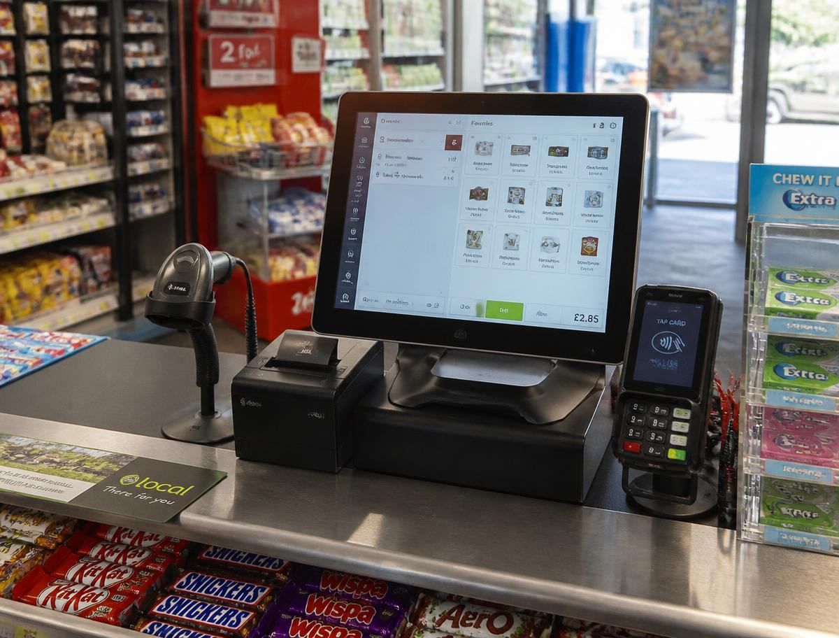 NexaTill EPOS till with barcode scanner, receipt printer and card machine on a takeaway counter