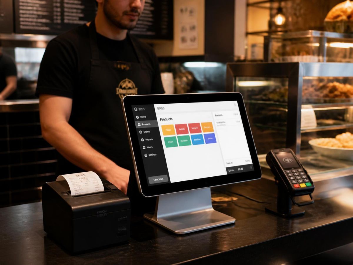 NexaTill touchscreen EPOS terminal, receipt printer and contactless card reader on a busy cafe counter