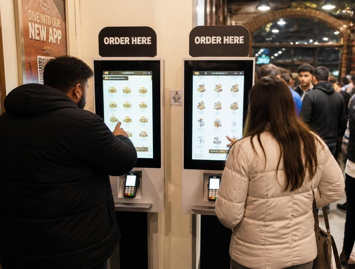Two customers ordering at a pair of NexaTill self-service kiosks in a takeaway