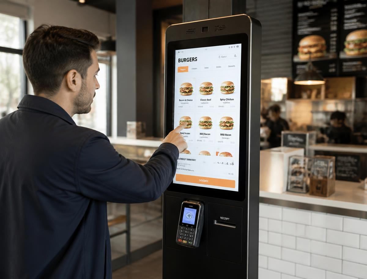 Free-standing NexaTill self-service ordering kiosk with menu photos and card reader in a restaurant foyer